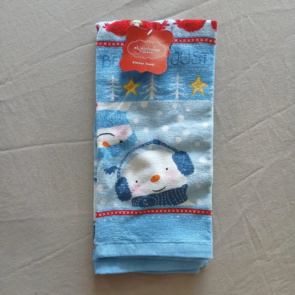 St Nicholas Square Christmas Kitchen Towel Snowman Cardinal Just Believe Blue